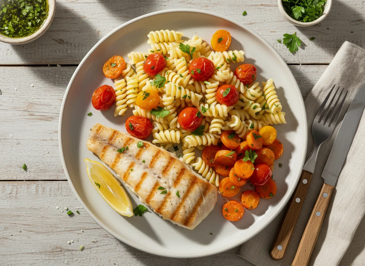 Pescado a la plancha con pasta, zanahorias y tomates photo