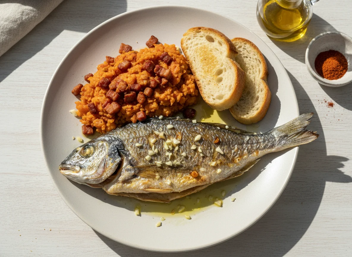 Pescado a la plancha con patatas revolconas photo