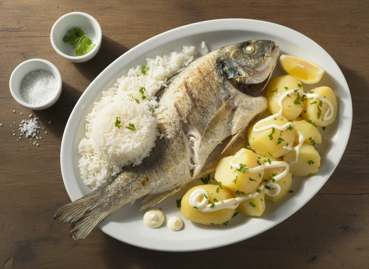 Pescado a la plancha con patatas y arroz photo