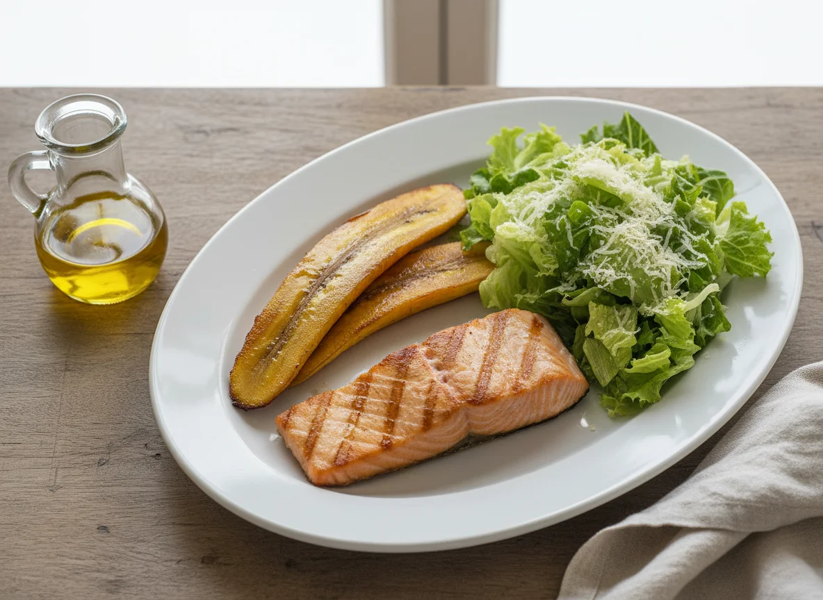 Pescado a la plancha con plátano y ensalada photo