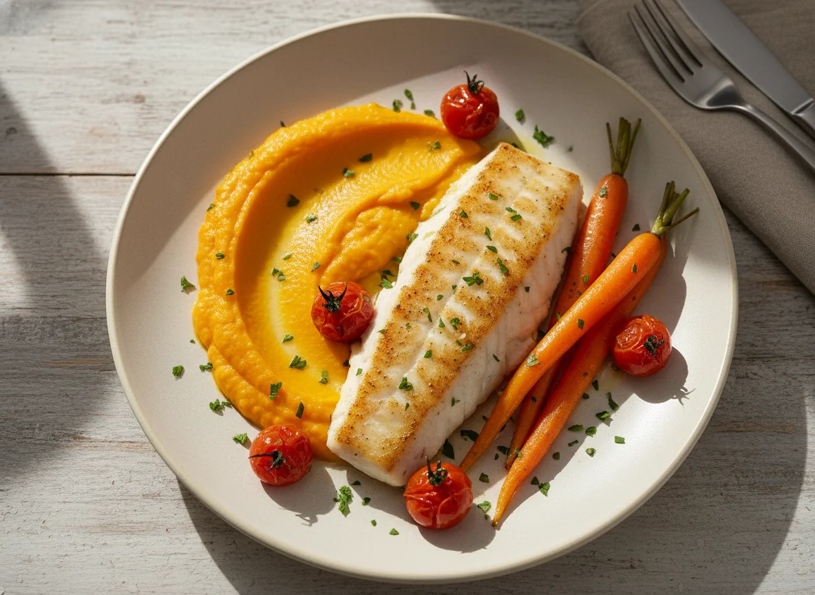Pescado a la plancha con puré de calabaza, zanahoria y tomates cherry photo