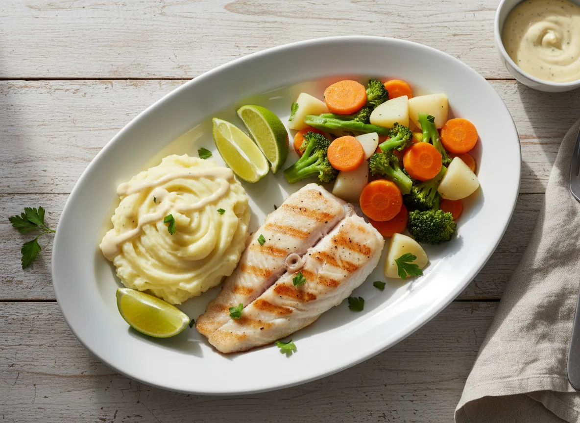 Pescado a la plancha con puré de papa y vegetales photo