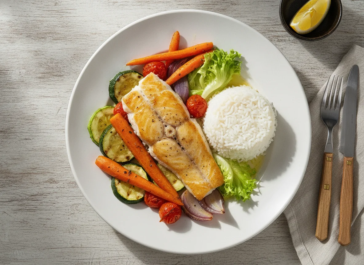 Pescado a la plancha con vegetales asados y arroz photo