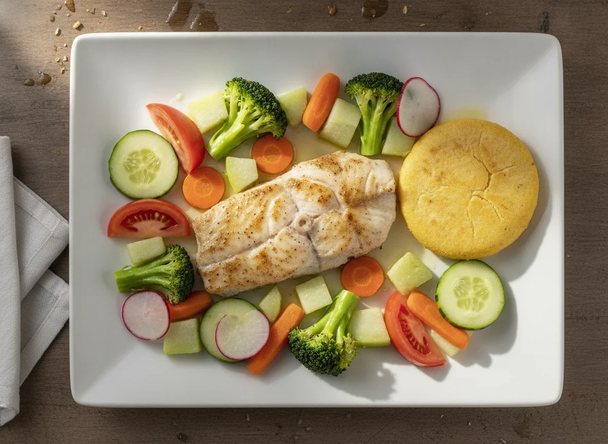 Pescado a la plancha con vegetales y pupusa de maíz photo