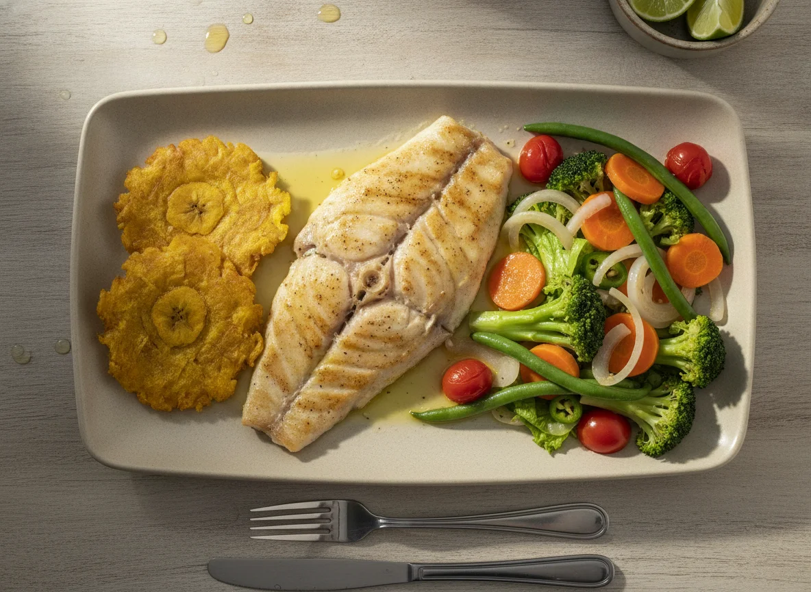 Pescado a la plancha con vegetales y tostones photo