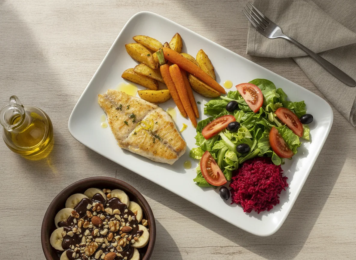 Pescado a la plancha con verduras y ensalada photo