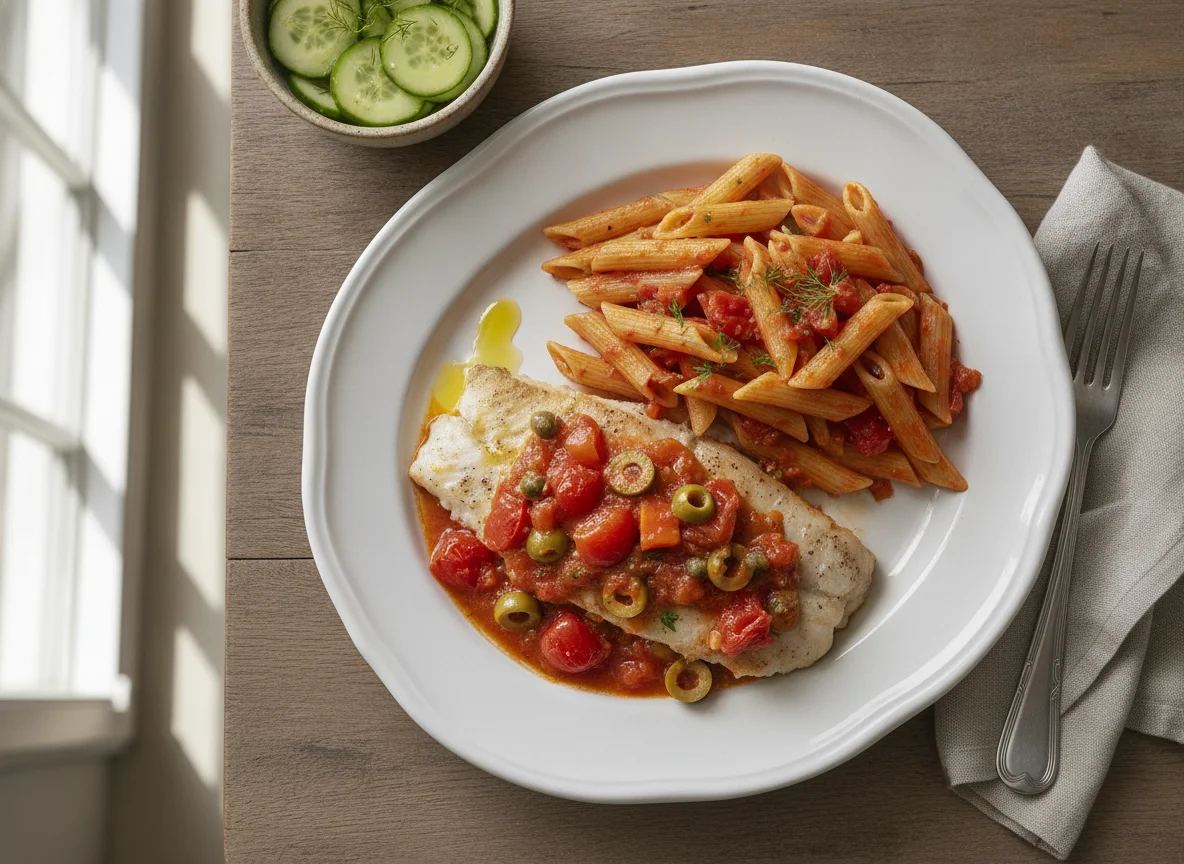 Pescado a la veracruzana con pasta y ensalada de pepino photo