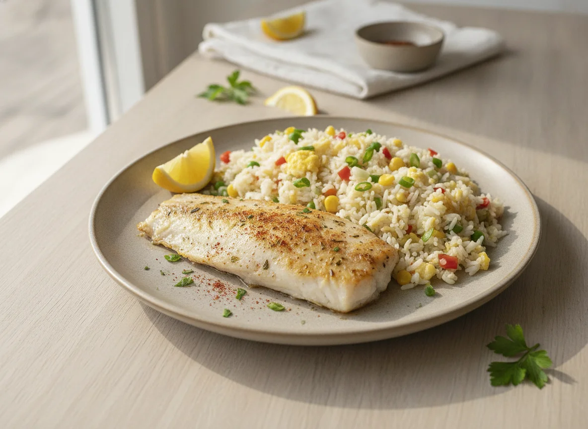Pescado al horno con arroz primavera photo