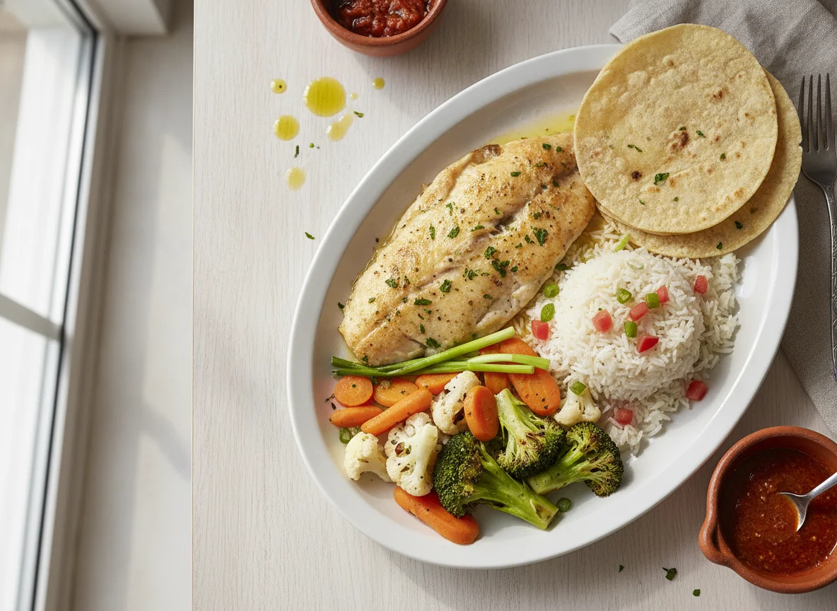Pescado al horno con arroz, verduras y tortillas photo