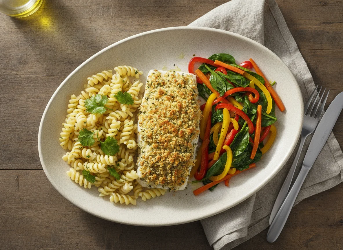 Pescado al horno con costra, pasta y verduras salteadas photo