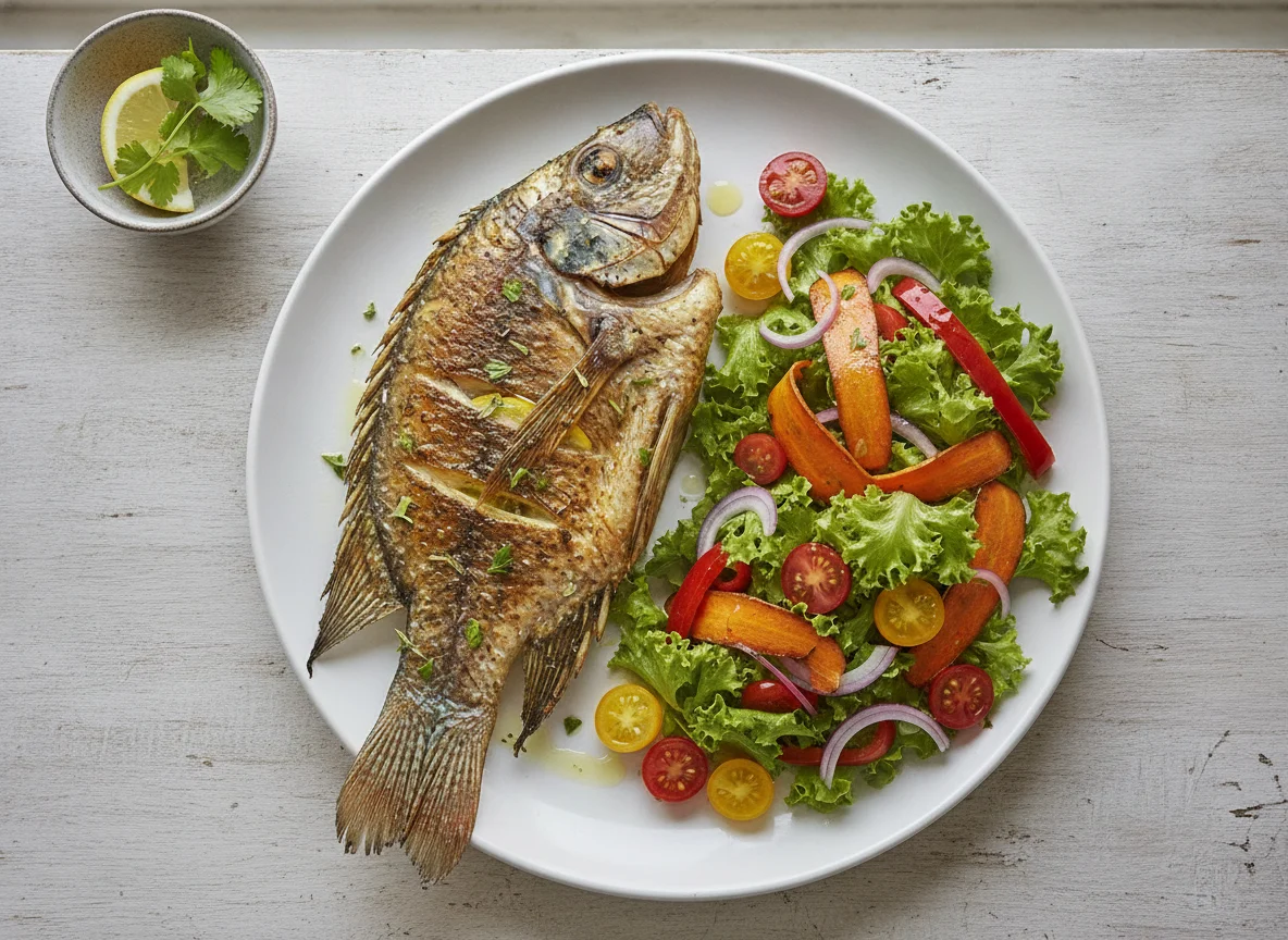 Pescado al horno con ensalada mixta photo