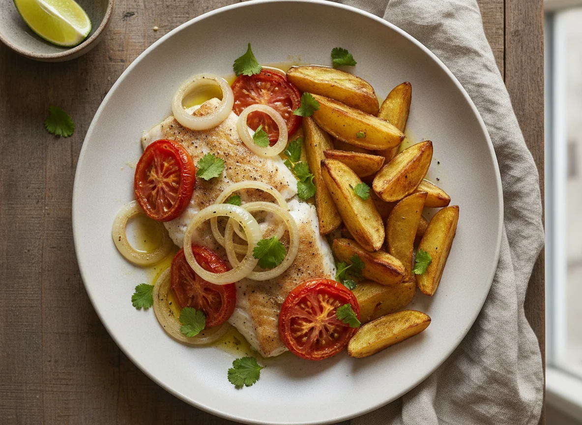 Pescado al horno con papas doradas photo