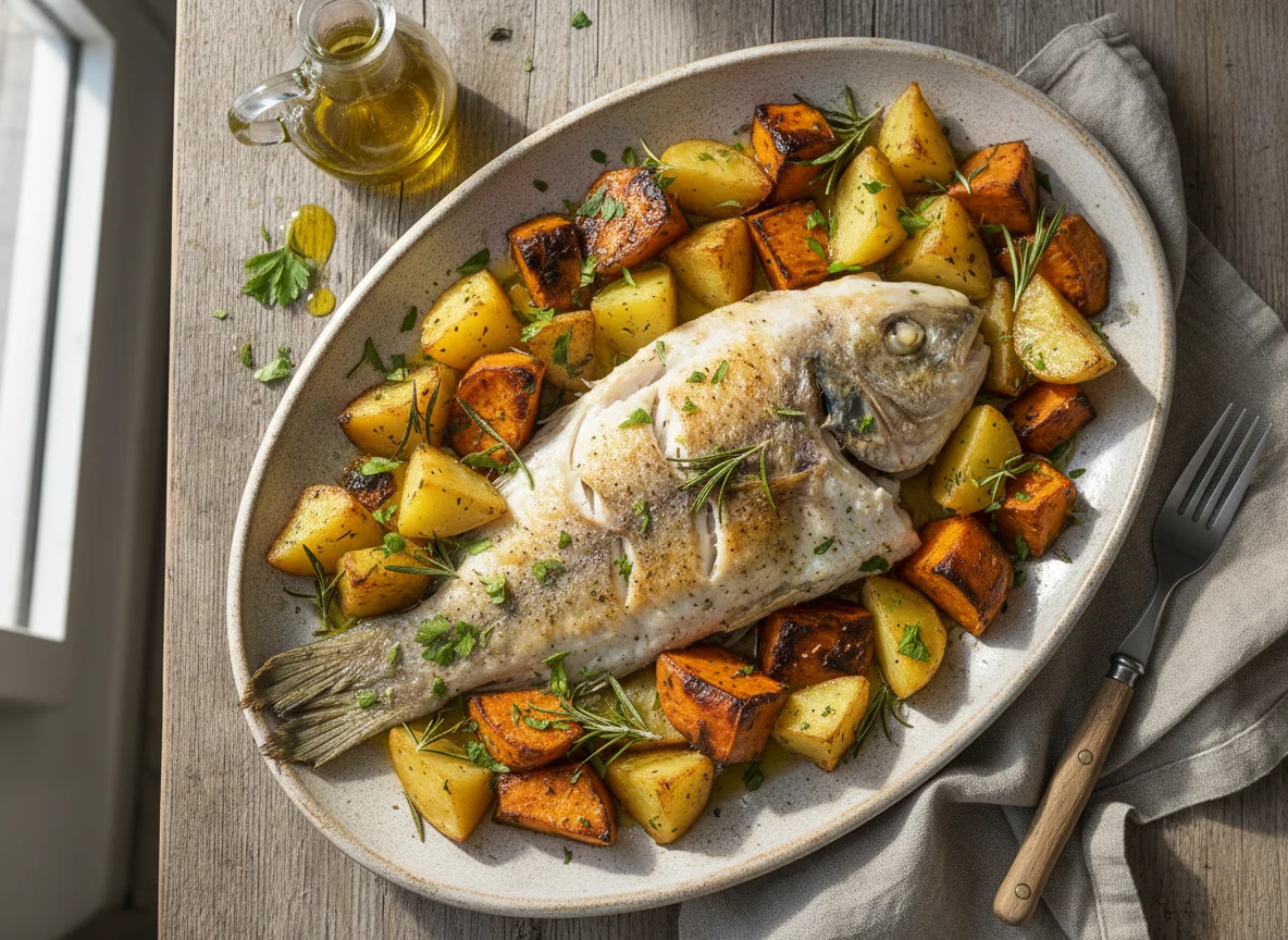Pescado al horno con papas y batatas asadas photo