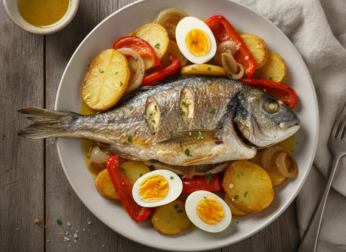Pescado al horno con patatas y pimientos photo