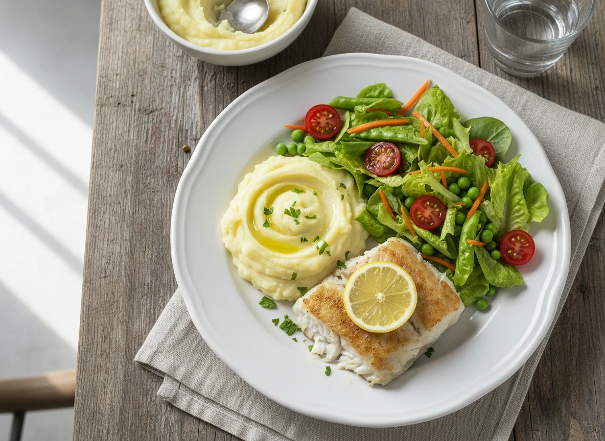 Pescado al horno con puré y ensalada photo