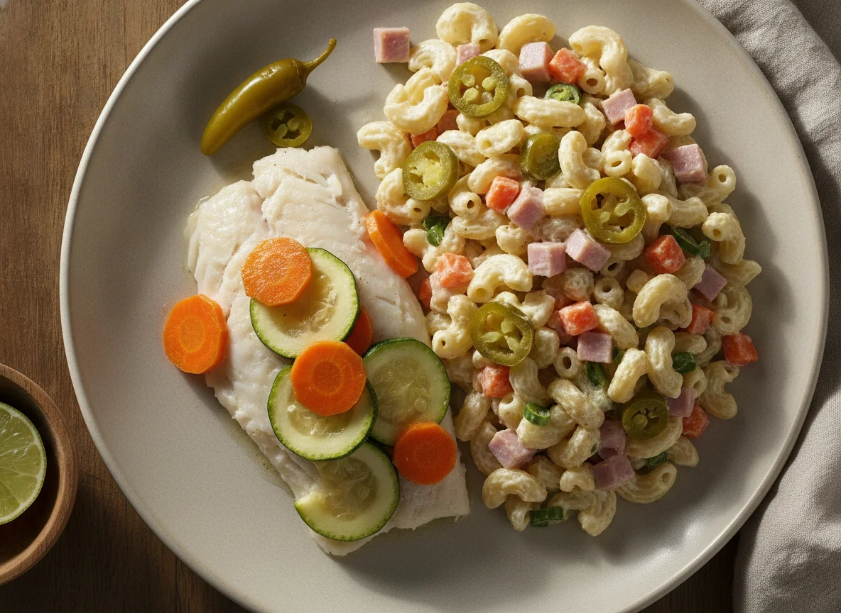 Pescado al vapor con ensalada de coditos photo