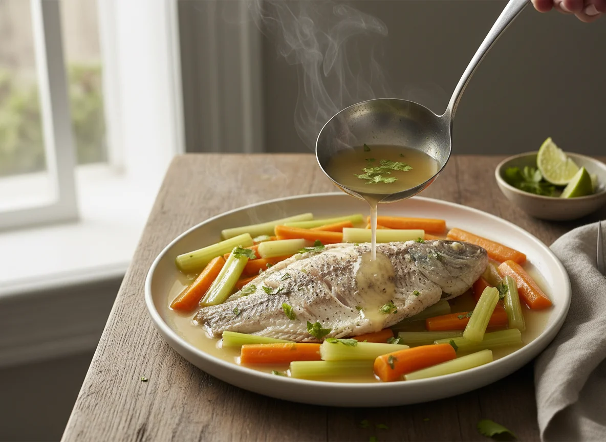 Pescado al vapor con vegetales photo