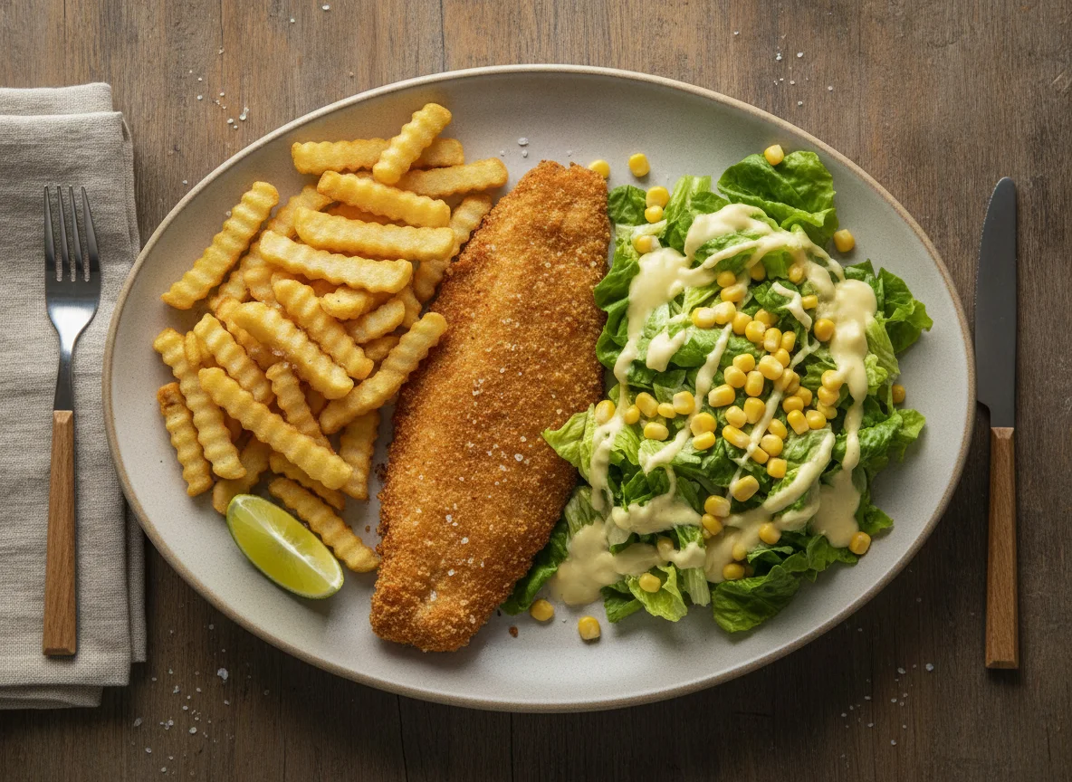 Pescado apanado con papas fritas y ensalada photo
