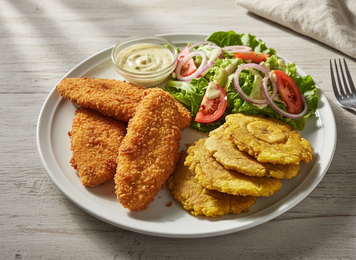 Pescado apanado con patacones y ensalada photo
