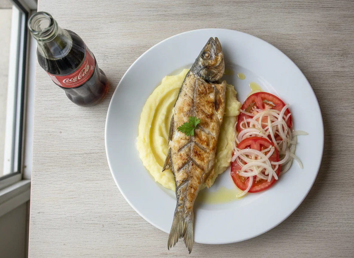 Pescado asado con puré de papas y ensalada chilena photo