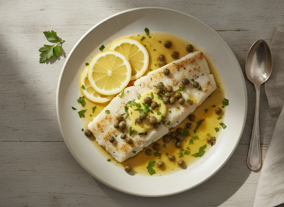 Pescado blanco a la mantequilla con alcaparras photo