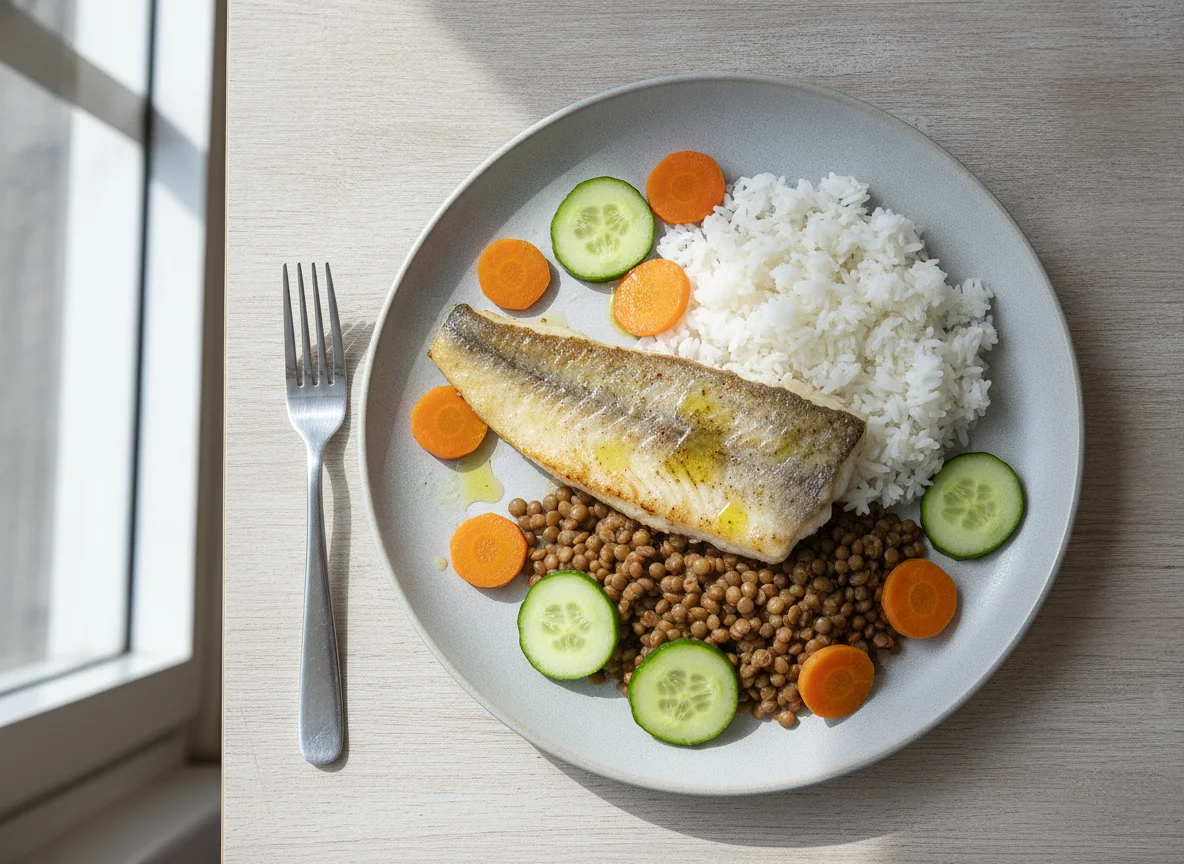 Pescado blanco a la plancha con arroz, lentejas y verduras photo