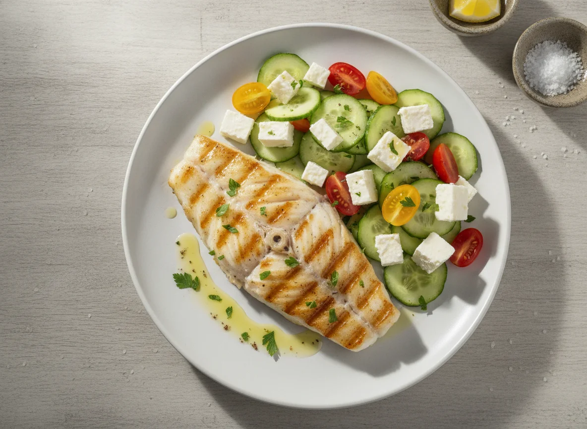Pescado blanco a la plancha con ensalada de pepino, tomate y queso photo
