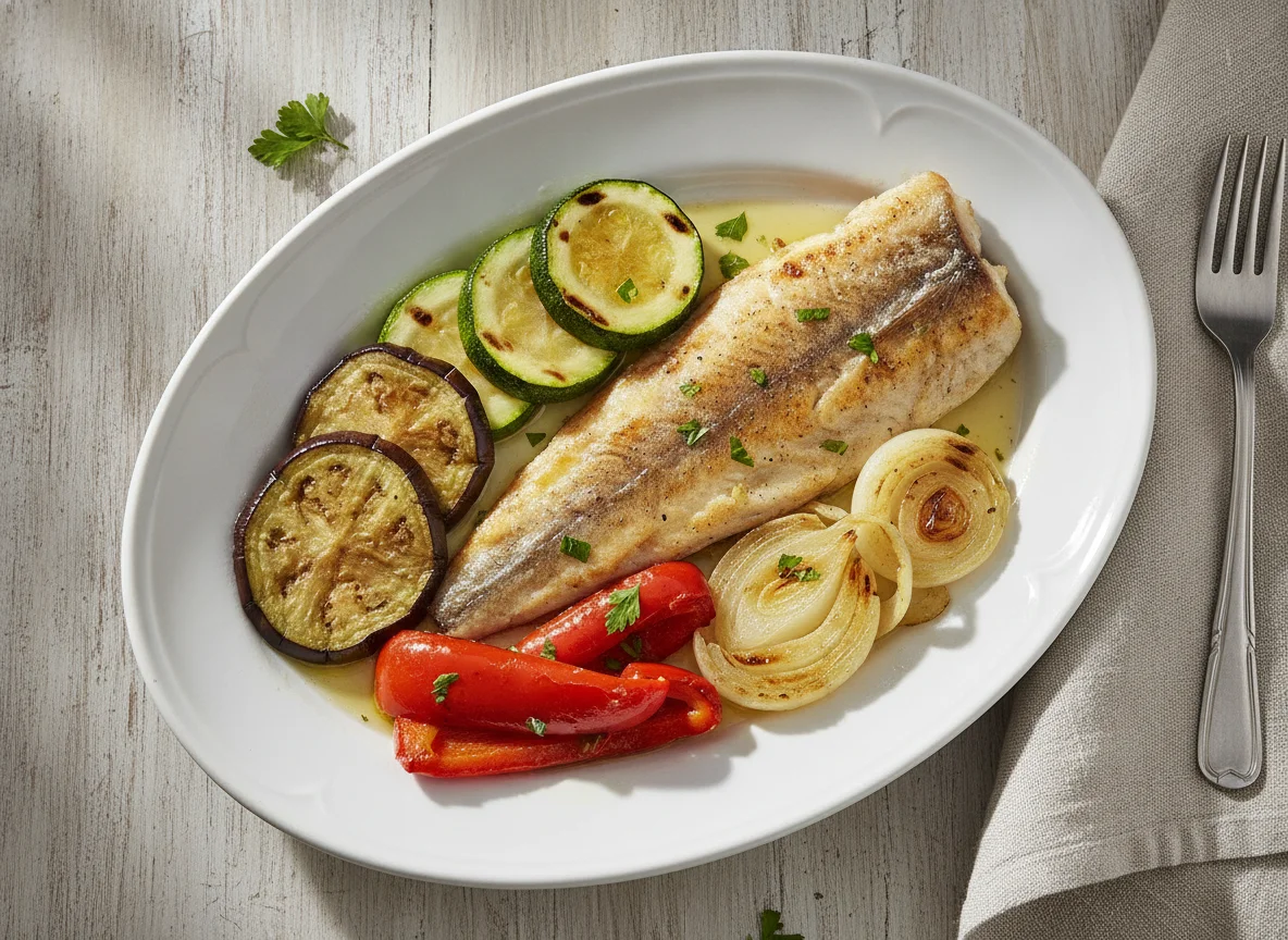 Pescado blanco a la plancha con vegetales asados photo