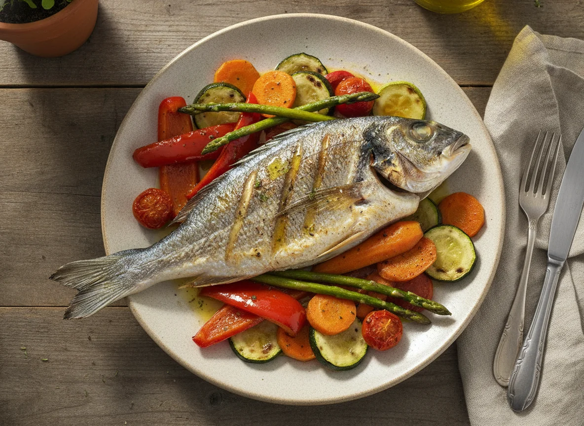 Pescado blanco a la plancha con verduras asadas photo