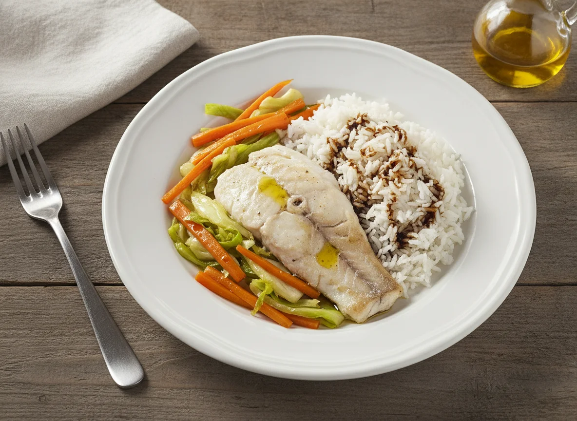Pescado blanco con arroz a la soja y verduras photo