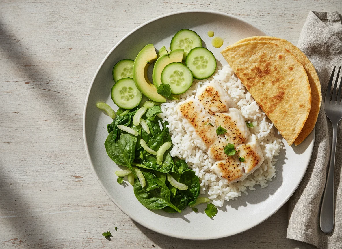 Pescado blanco con arroz, aguacate y pepino photo