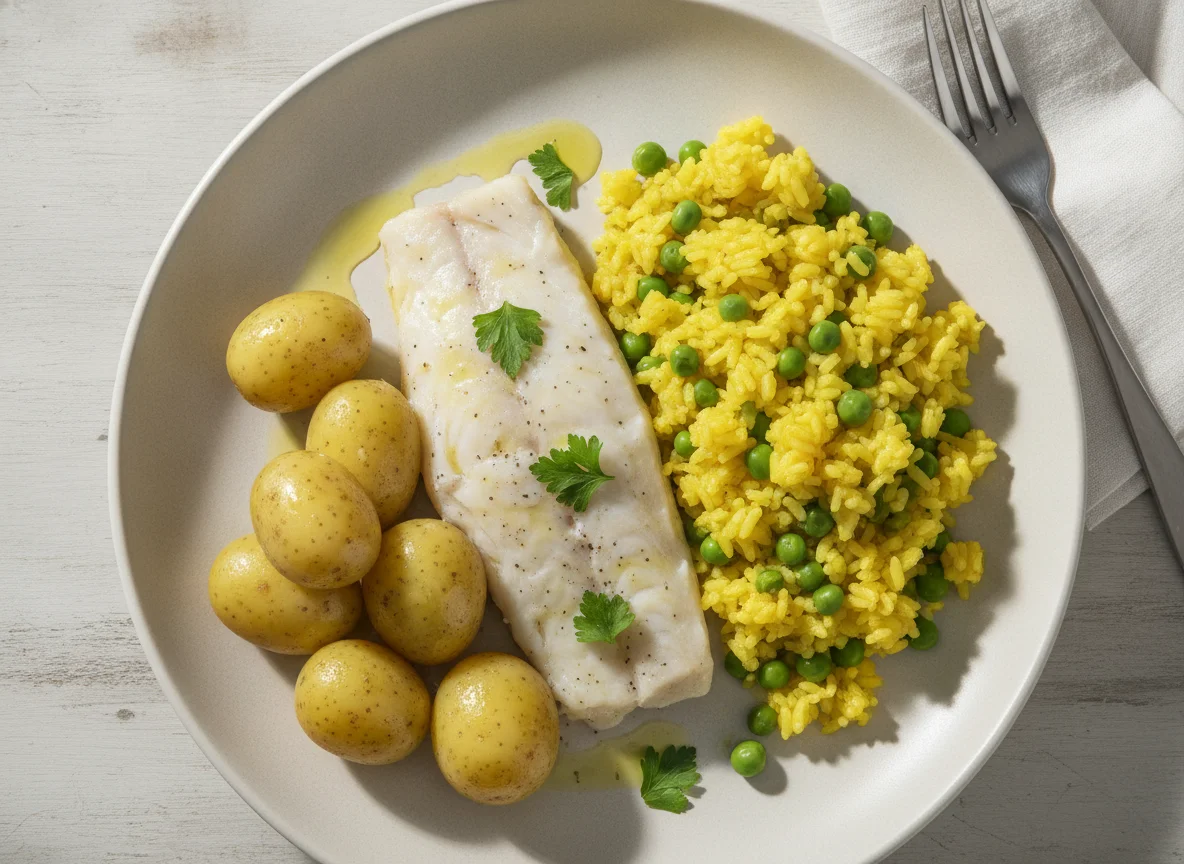 Pescado blanco con arroz amarillo y guisantes con patatas photo