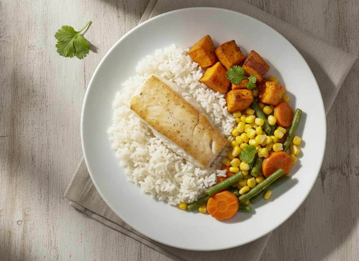 Pescado blanco con arroz, maíz, batata y vegetales photo