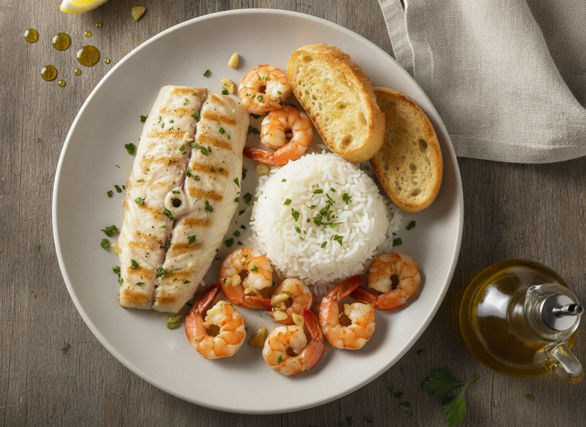 Pescado blanco con arroz y gambas photo