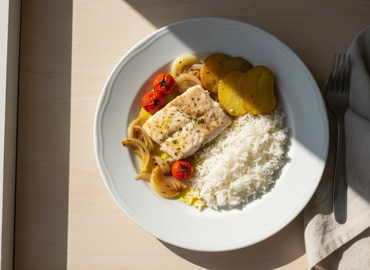 Pescado blanco con arroz y verduras photo
