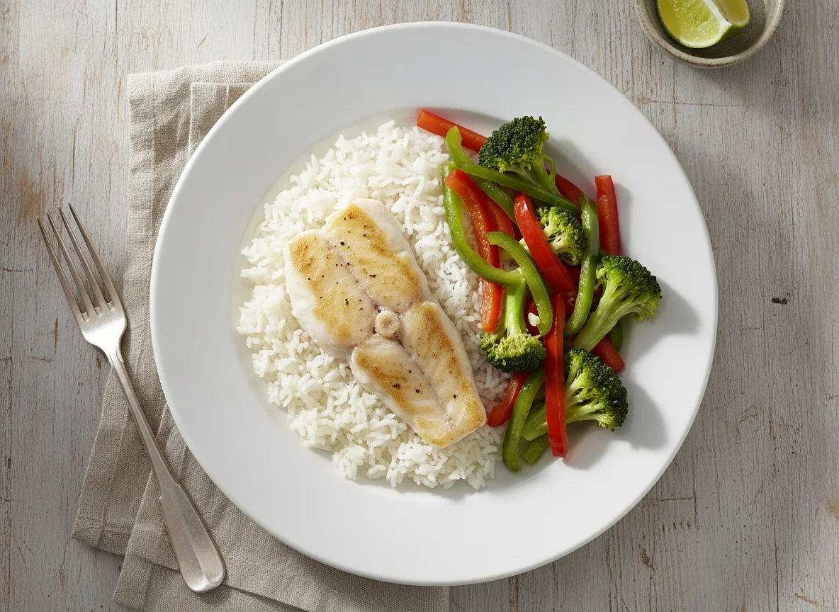 Pescado blanco con arroz y verduras al vapor photo
