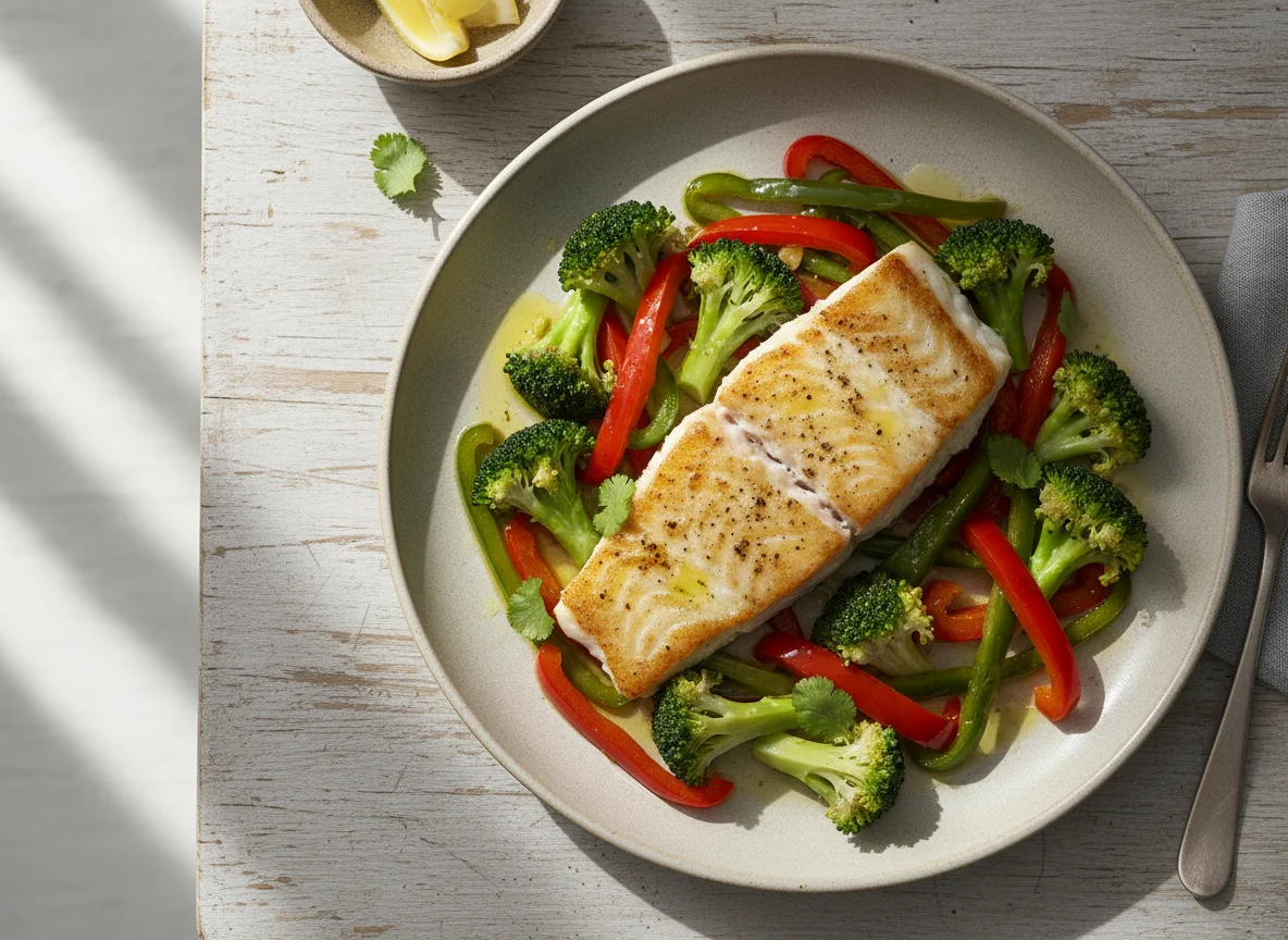 Pescado blanco con brócoli y pimientos photo