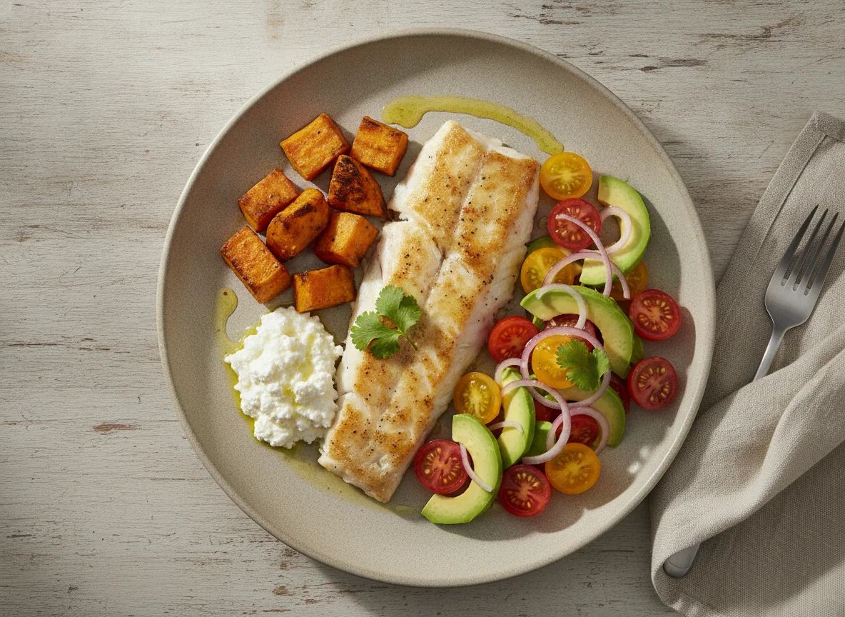 Pescado blanco con camote asado y ensalada de tomate y palta photo