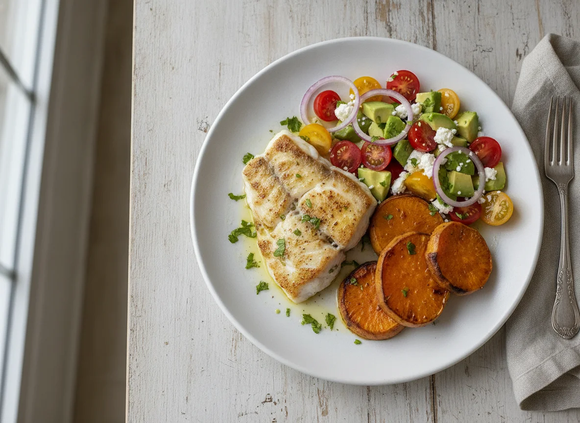 Pescado blanco con camote y ensalada de tomate photo