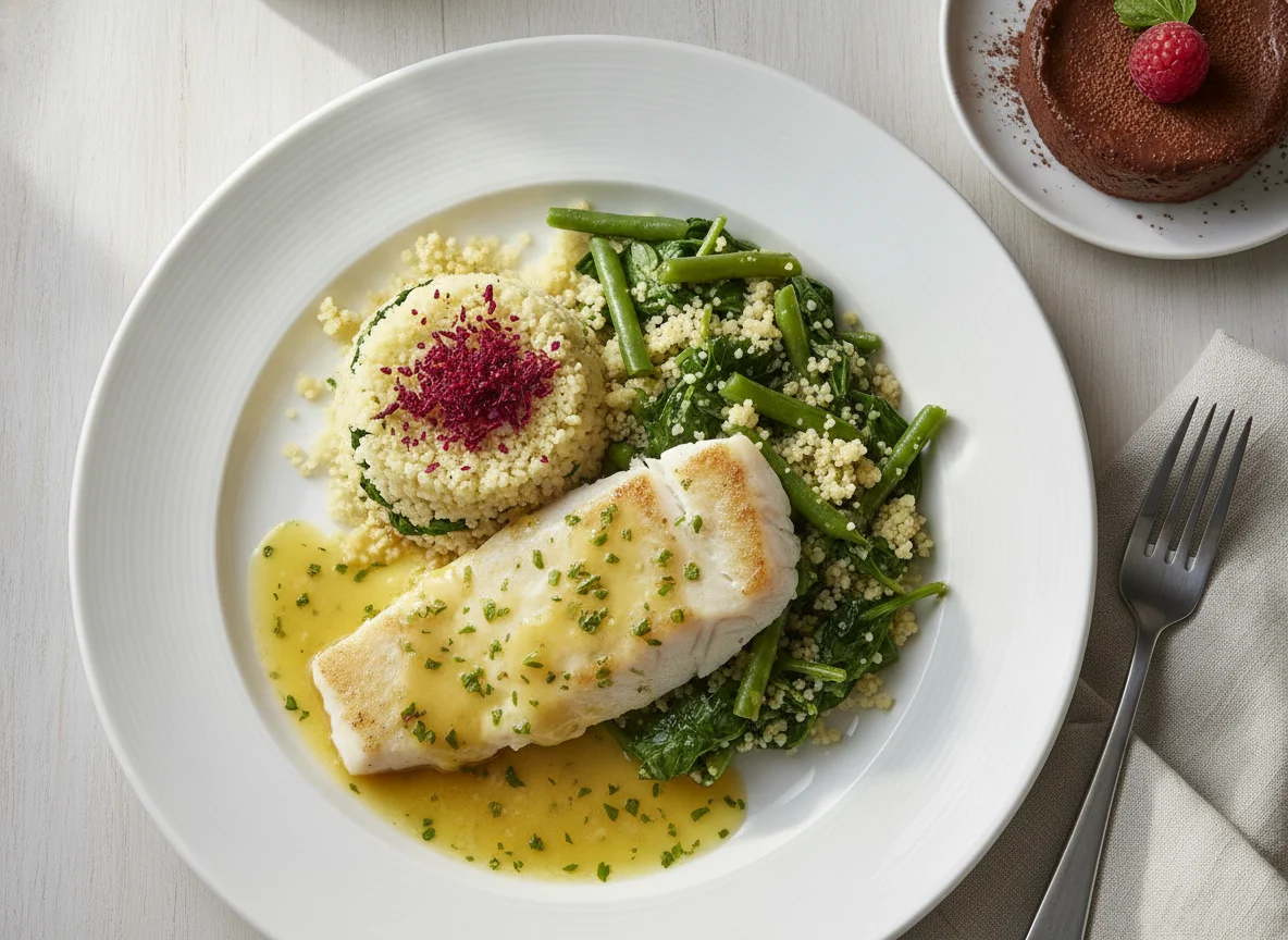 Pescado blanco con cuscús, espinacas y salsa photo