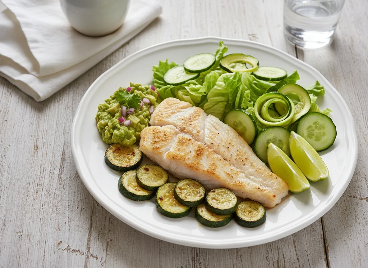 Pescado blanco con ensalada y calabacitas photo