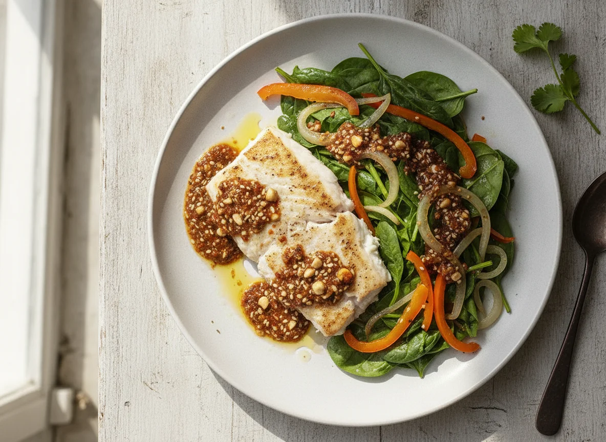 Pescado blanco con espinacas y pimientos photo
