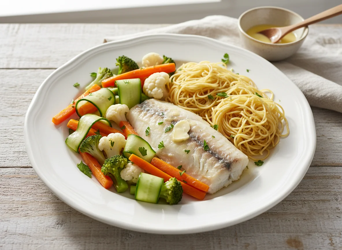 Pescado blanco con fideos finos y verduras photo