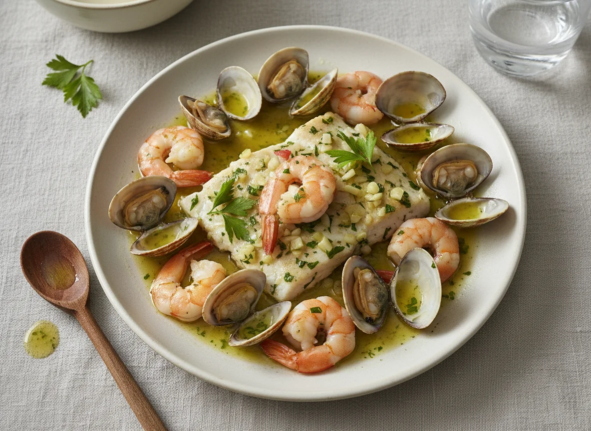 Pescado blanco con gambas y almejas en salsa photo