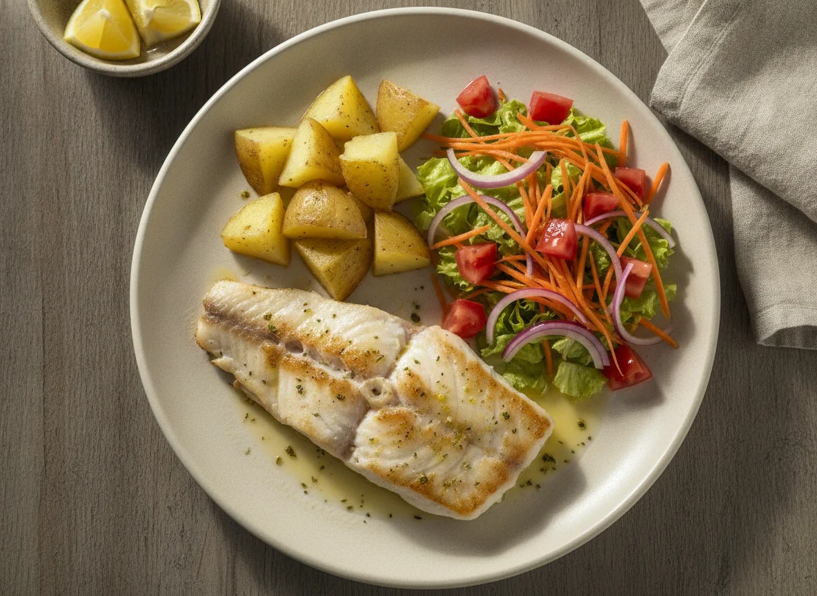 Pescado blanco con papa cocida y ensalada fresca photo