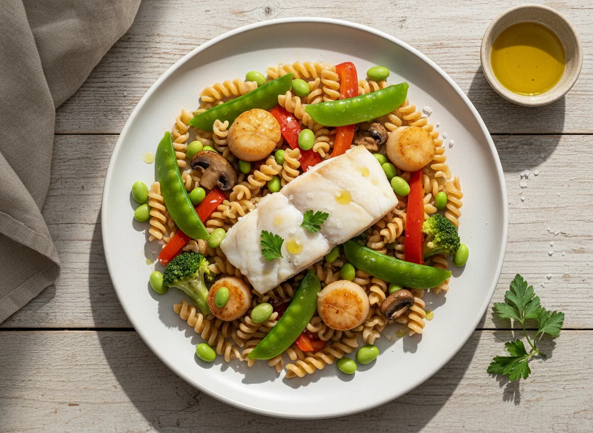 Pescado blanco con pasta fusilli y vegetales photo