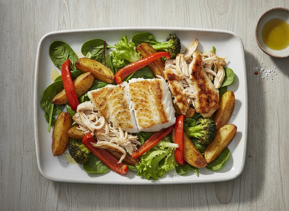 Pescado blanco con pollo desmenuzado y verduras asadas photo
