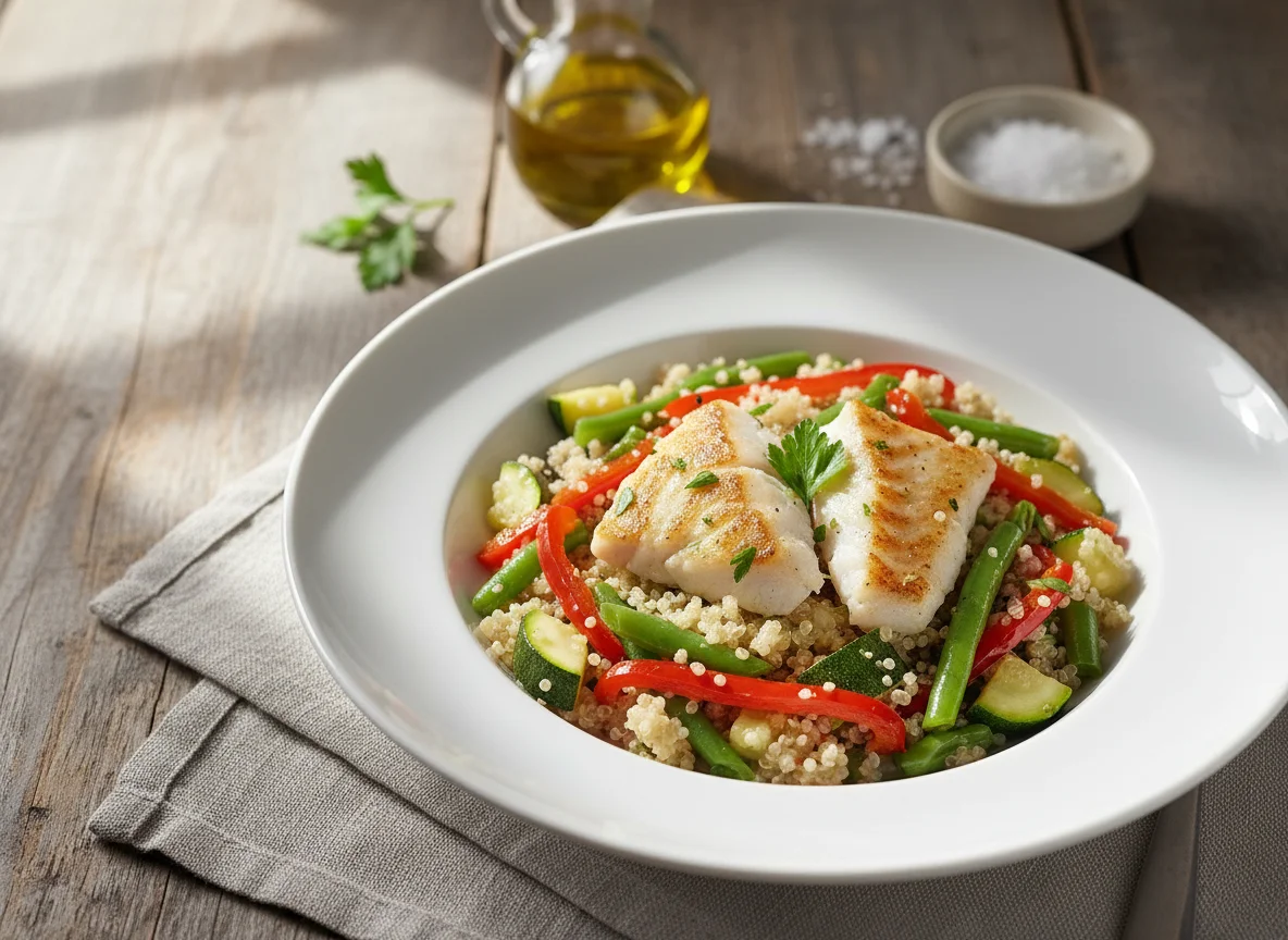 Pescado blanco con quinoa y verduras photo