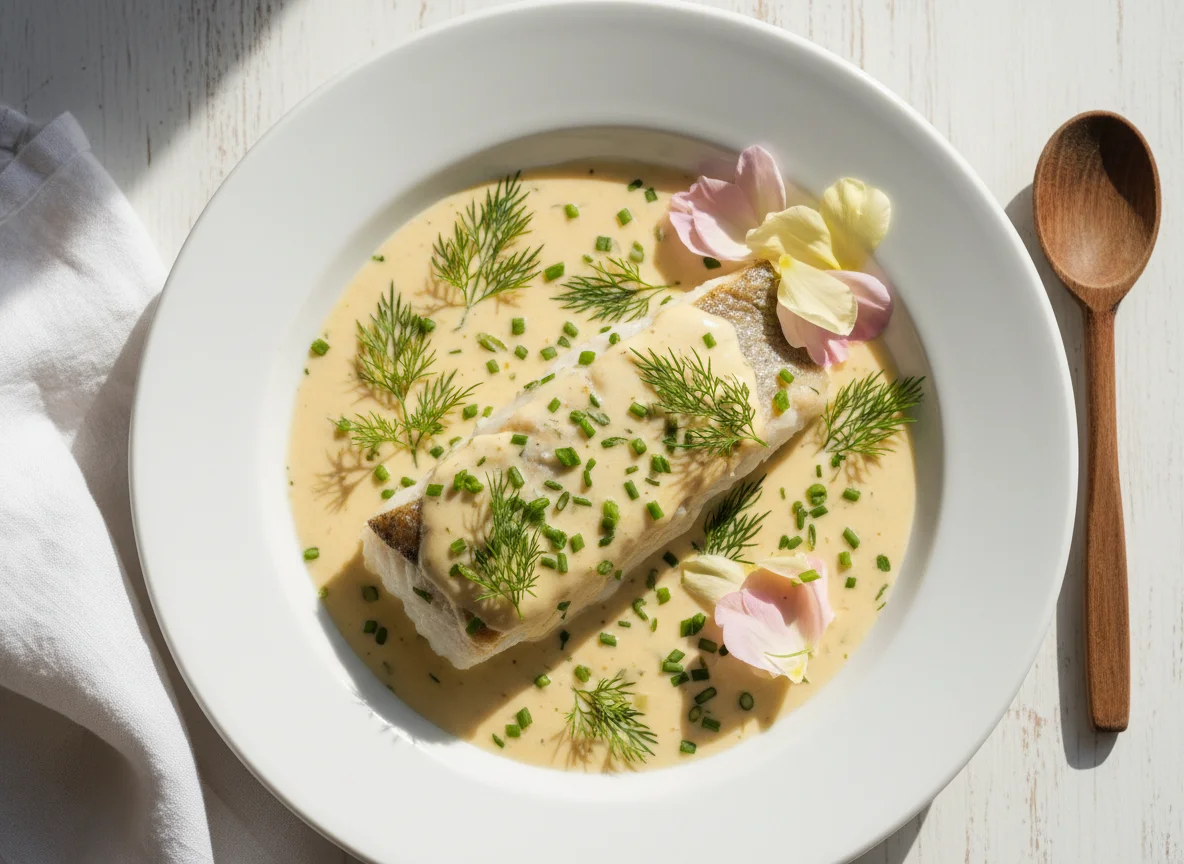Pescado blanco con salsa cremosa y eneldo photo