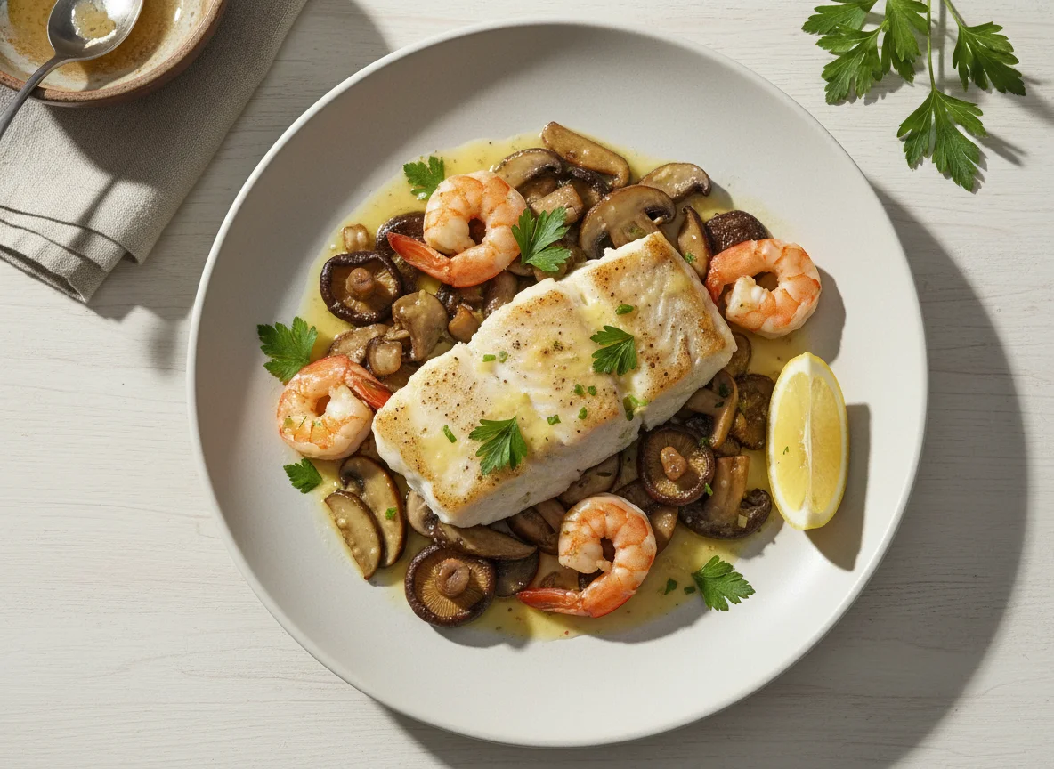 Pescado blanco con setas y gambas photo